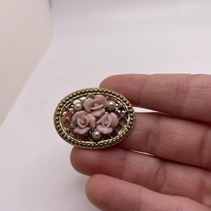 1928 Brand - Pink Porcelain Flowers / Gold Tone Pin Brooch
